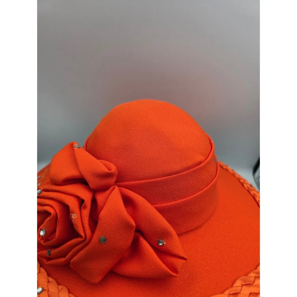 Unbranded Wide Brim Dress Hat Women Orange Good Floral Rhinestone Kentucky Derby